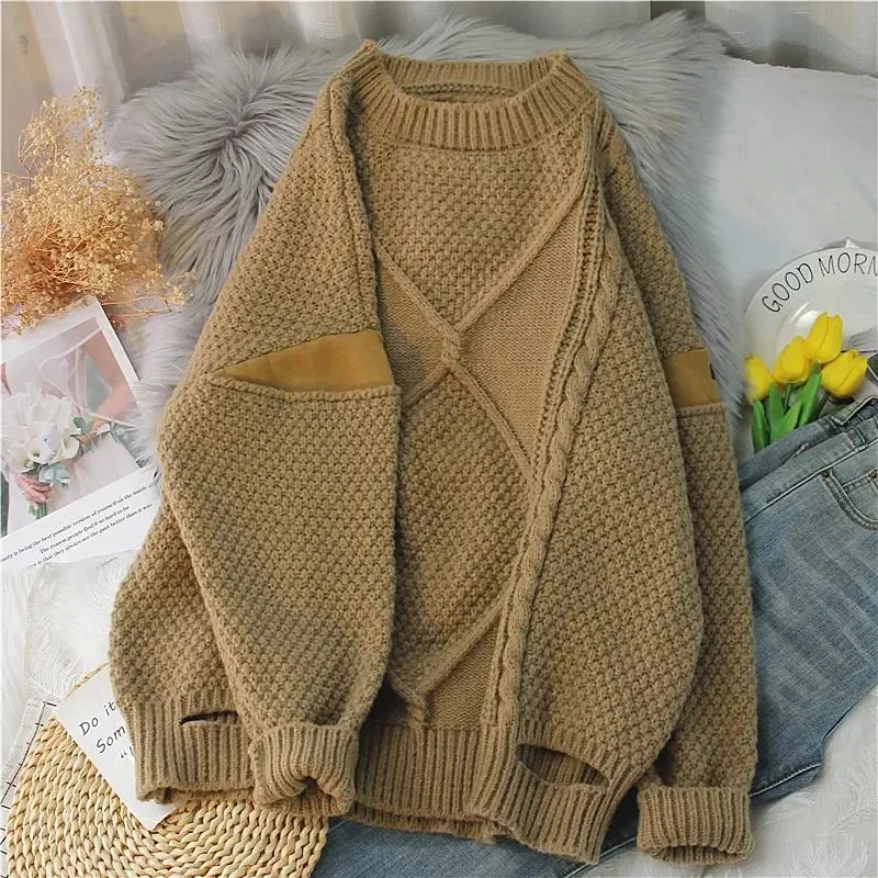 

Autumn Winter Women Boyfriend Style Spliced Sweater Coarse Yarn Argyle Jumper Twist Floral Hollow Out Lazy Long Pullover 2023