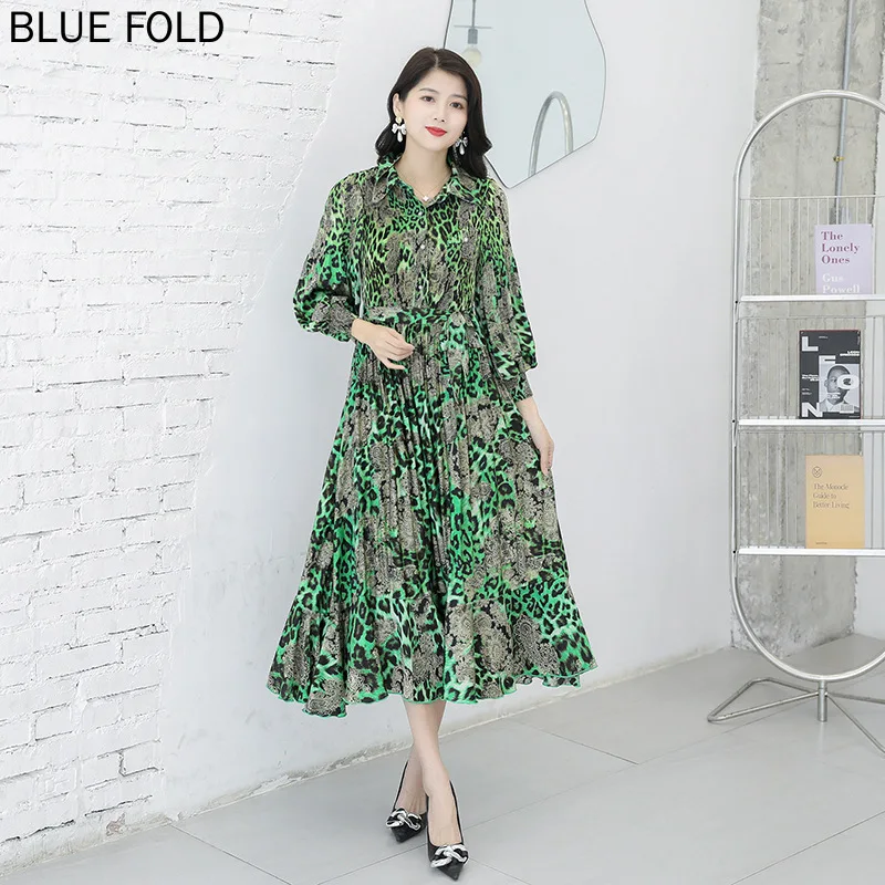 Miyake Pleated Fashion Leopard Print Dress Print High Luxury Green High Elastic Midi Dress PLEATS Elegant Vestidos Robe Femme