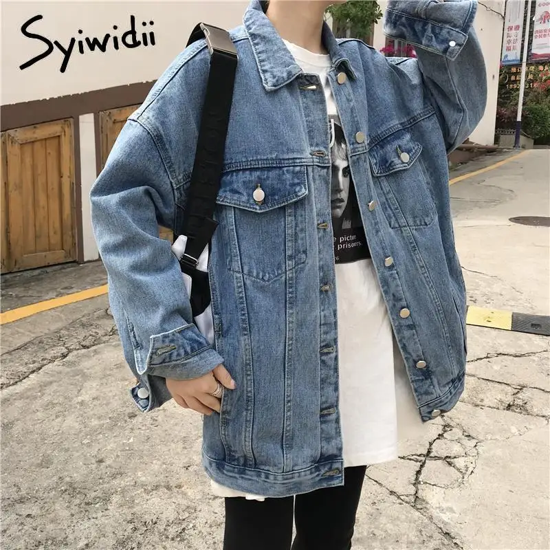 Syiwidii Jean Jacket Women Denim Coat Spring 2022 New Fashion Loose Oversized Blue Button Up Cardigan | Женская одежда