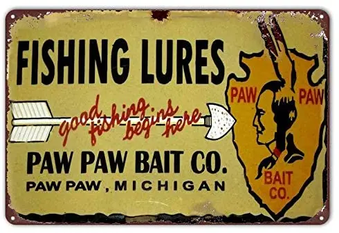 

Retro Shop Decor Art Metal Signs Vintage Farm Paw Paw Bait Co. Fishing Lures Tin Sign Basement Wine Cellar 8 x 12 inches