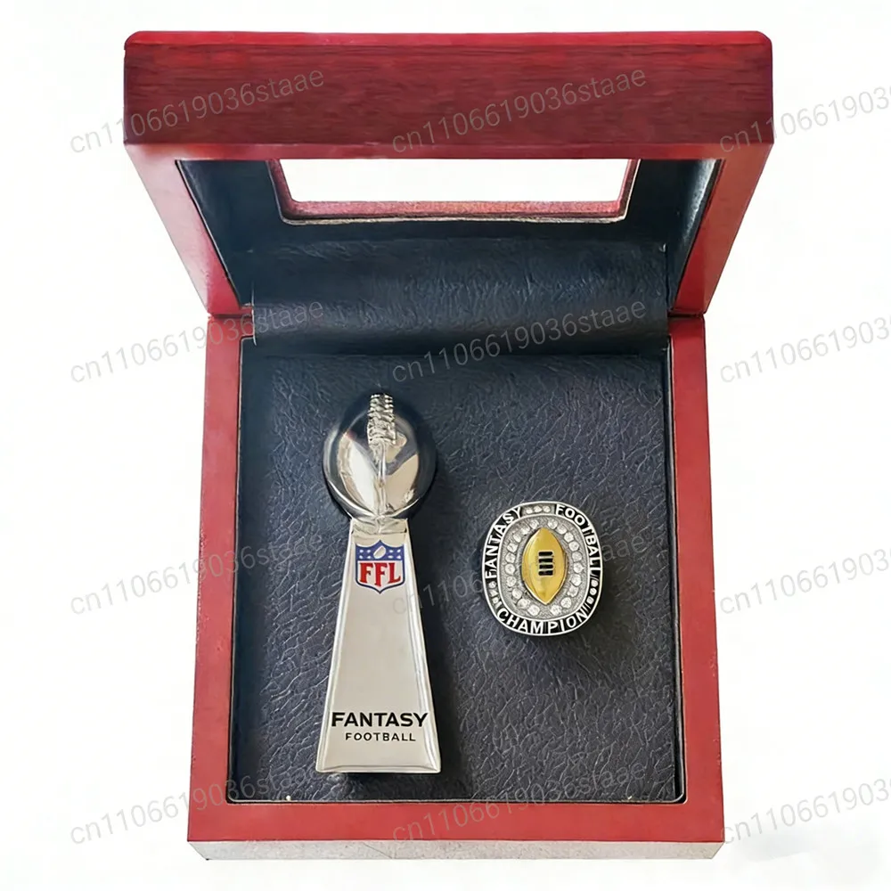 Фото Кольцо и трофей чемпионата фэнтези-футбола 2011-2021, приз FFL MVP, спортивный трофей для американского футбола с дисплеем, деревянная коробка №2