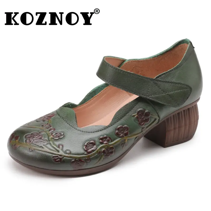 

Koznoy Women's Leather Low Heel Shoes 5cm Retro Embossed Flower Genuine Ethnic Spring Summer Print Work Non Slip Chunky Heels