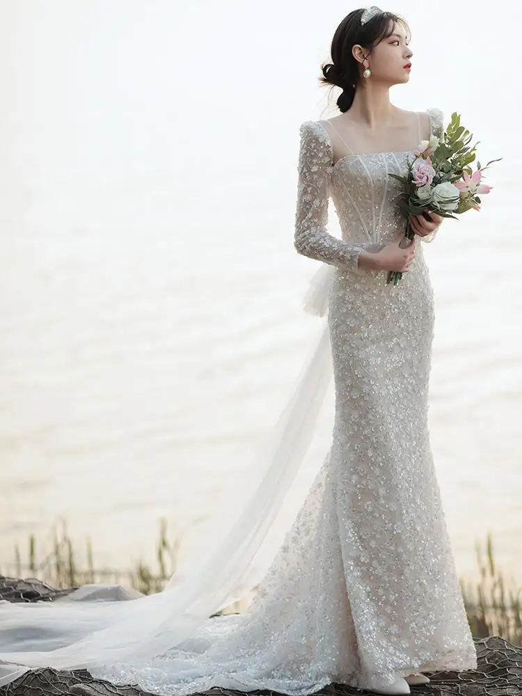 

2022 New Mermaid Long Sleeves Bride Dresses Sequined Lace Wedding Dress 웨딩드레스 Corset Bow Sashes Robe De Mariée Gown Bridal
