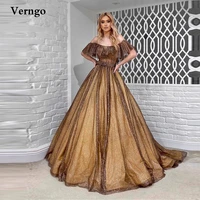 verngo glitter brown tulle prom dresses off the shoulder short sleeves bones dubai women evening gowns party princess dress