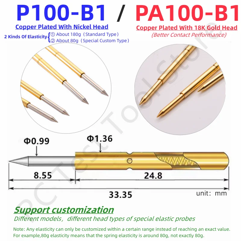 

20/100PCS P100-B1 Spring Test Probe P100-B Test Pin PA100-B PA100-B1 Test Tool 33.35mm Dia 1.36mm Needle Tip Dia 0.99mm Pogo Pin