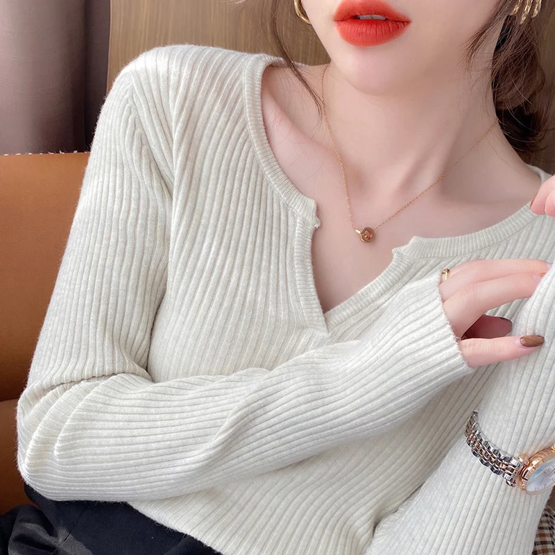 

Women Pullover Sweater 2022 Knitwear Slim Fit Long Sleeve Basic Tops Sweet V-Neck Autumn and Winter Solid Clothes Blusas 24423