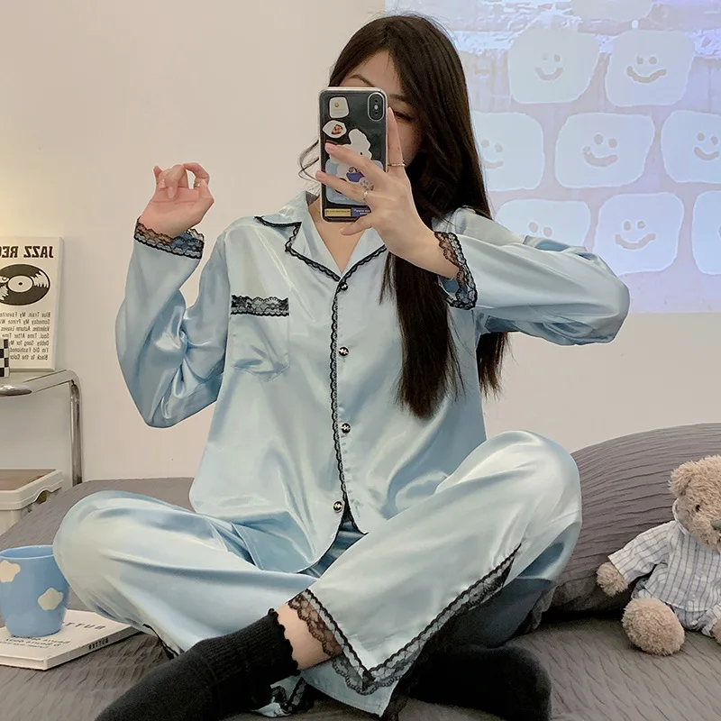 New Pajamas for Women's Spring and Summer Long-sleeved Trousers Lace Decoration Large Size Home Service Suit Casual Sleepwear