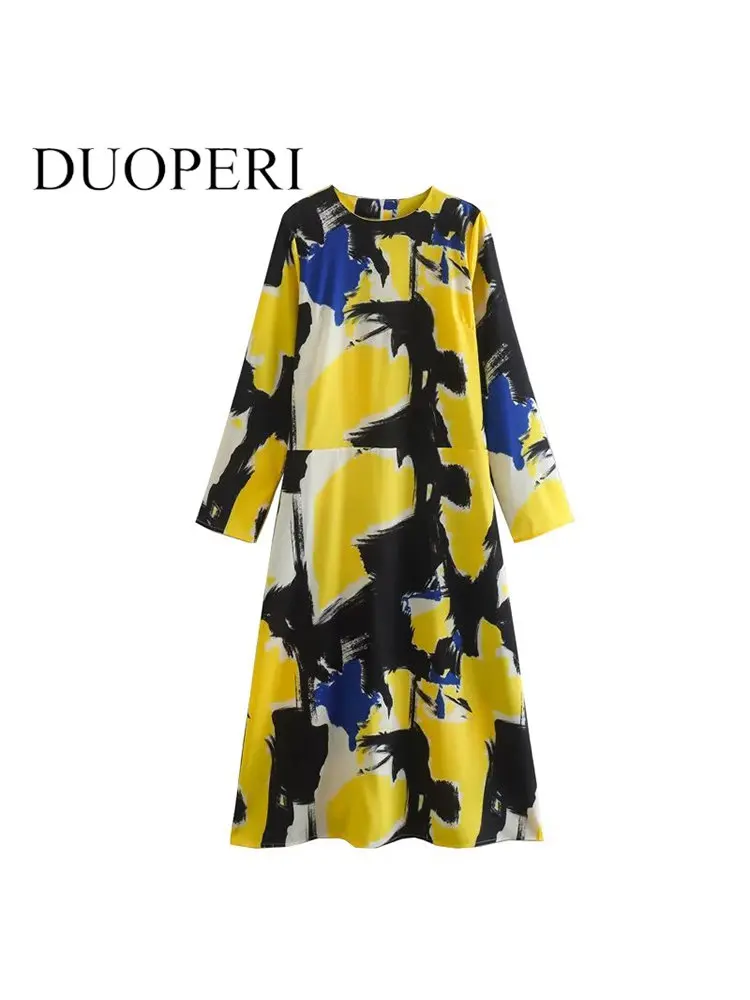 

DUOPERI Women Fashion Printed Midi Dress Vintage O-Neck Long Sleeves Back Zipper Female Chic Lady Dresses
