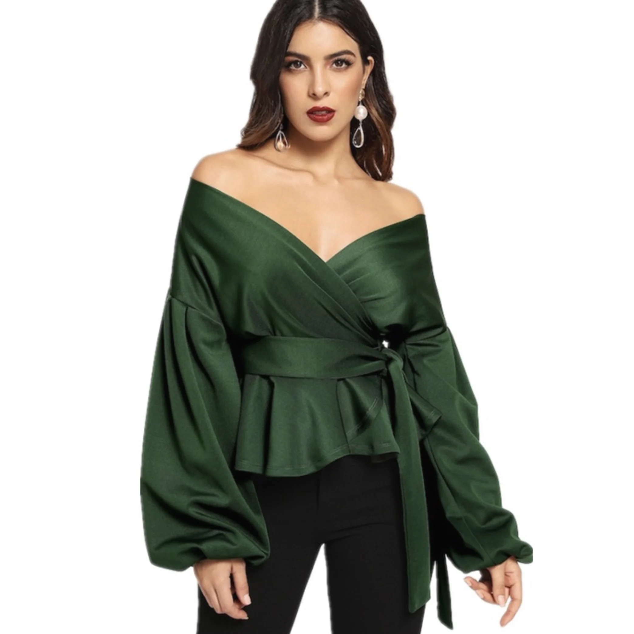 

2022 European and American new women's shirt sexy off shoulder Lantern Sleeve Top bow waist closing shirt women's gentle long sl