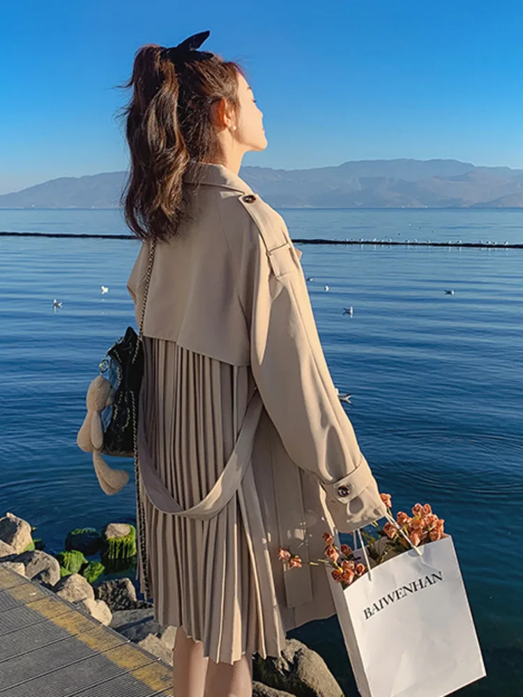 LANMREM дизайнерский Тренч с поясом пальто для женщин длинный рукав однотонный пояс