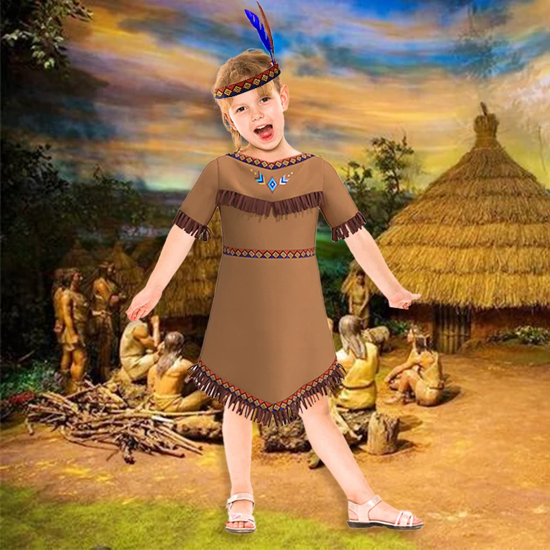 

Primitive Tribal Dresses Girls National Costumes Children Dresses Headwear Sets Performance Costumes Halloween Dress Up