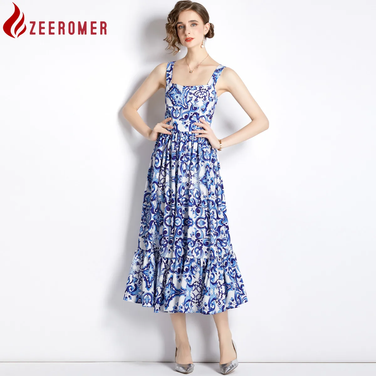 

2022 Summer Fashion Runway Print Long Dress Women Slash neck Sleeveless Spaghetti Strap Party Robe Designer Vacation Vestidos