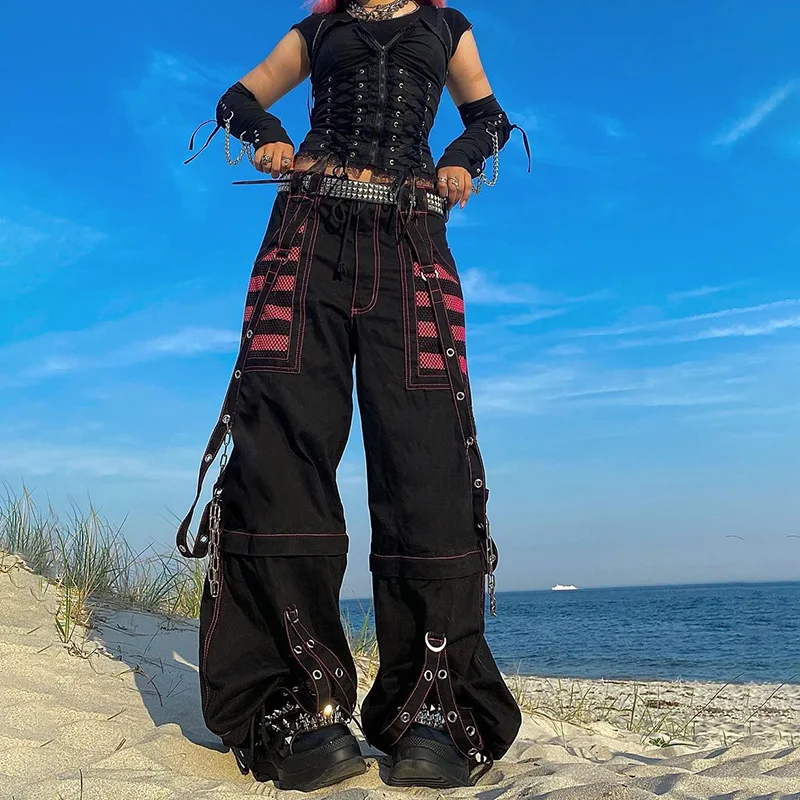 

Gothic Chain Bandage Wide leg Pants Women Oversize Low Rise Dark Academic Trousers Streetwear 90s Baggy Pant Punk Style
