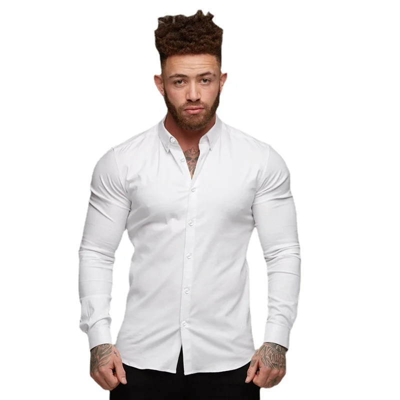 Mens Fitness Long Sleeve Shirts Muscle Men Running Sports Slim Fit Shirts High Stretch Business Casual Non-iron Shirts