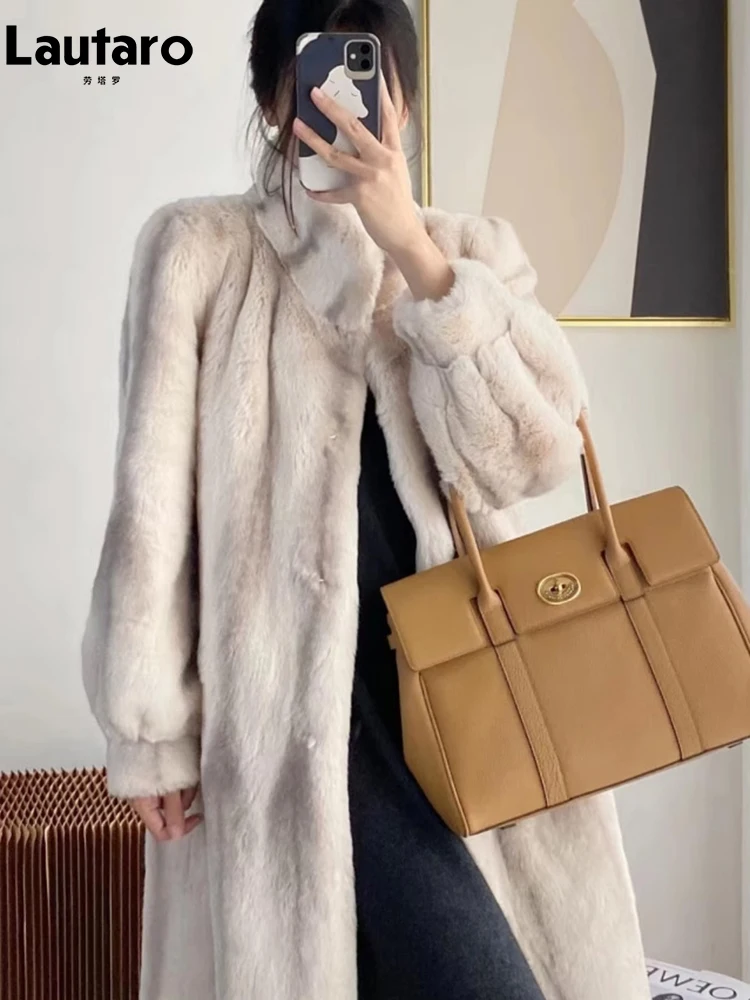 

Lautaro Winter Long Loose Soft Thick Warm Luxury Elegant Gradient Fluffy Faux Fur Coat Women Stand Collar Furry Overcoat 2023