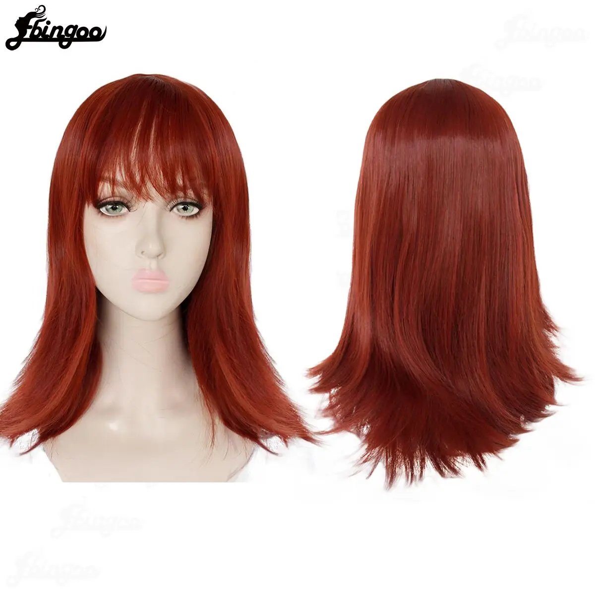 Ebingoo Synthetic Wig Copper Red Long Straight with Flat Bangs Heat Resistant Fiber Synthetic Machine Made Hair Wig Cosplay Wigs