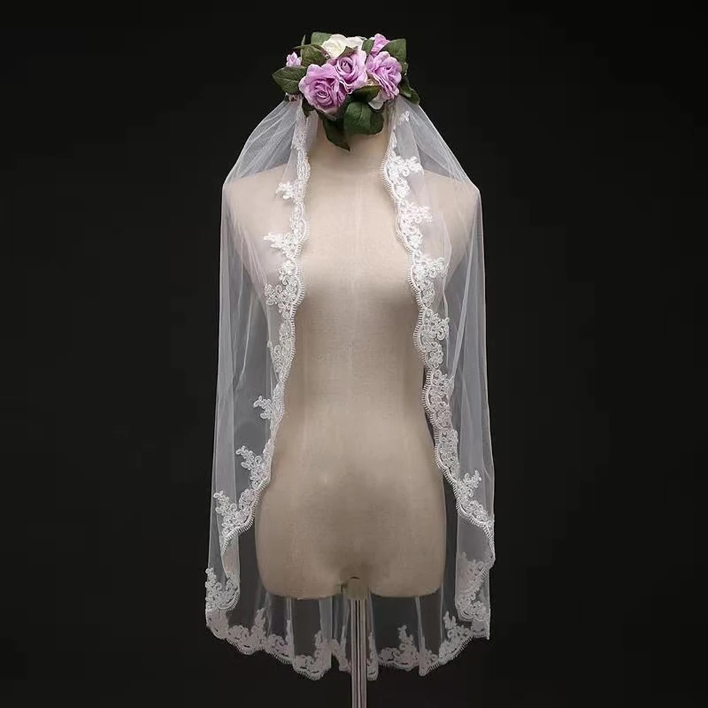 

Simple White The Bride's Veil Lace Edge Wedding Photo Accessories Wedding Accessories Bride Mantilla Vail velos de novia