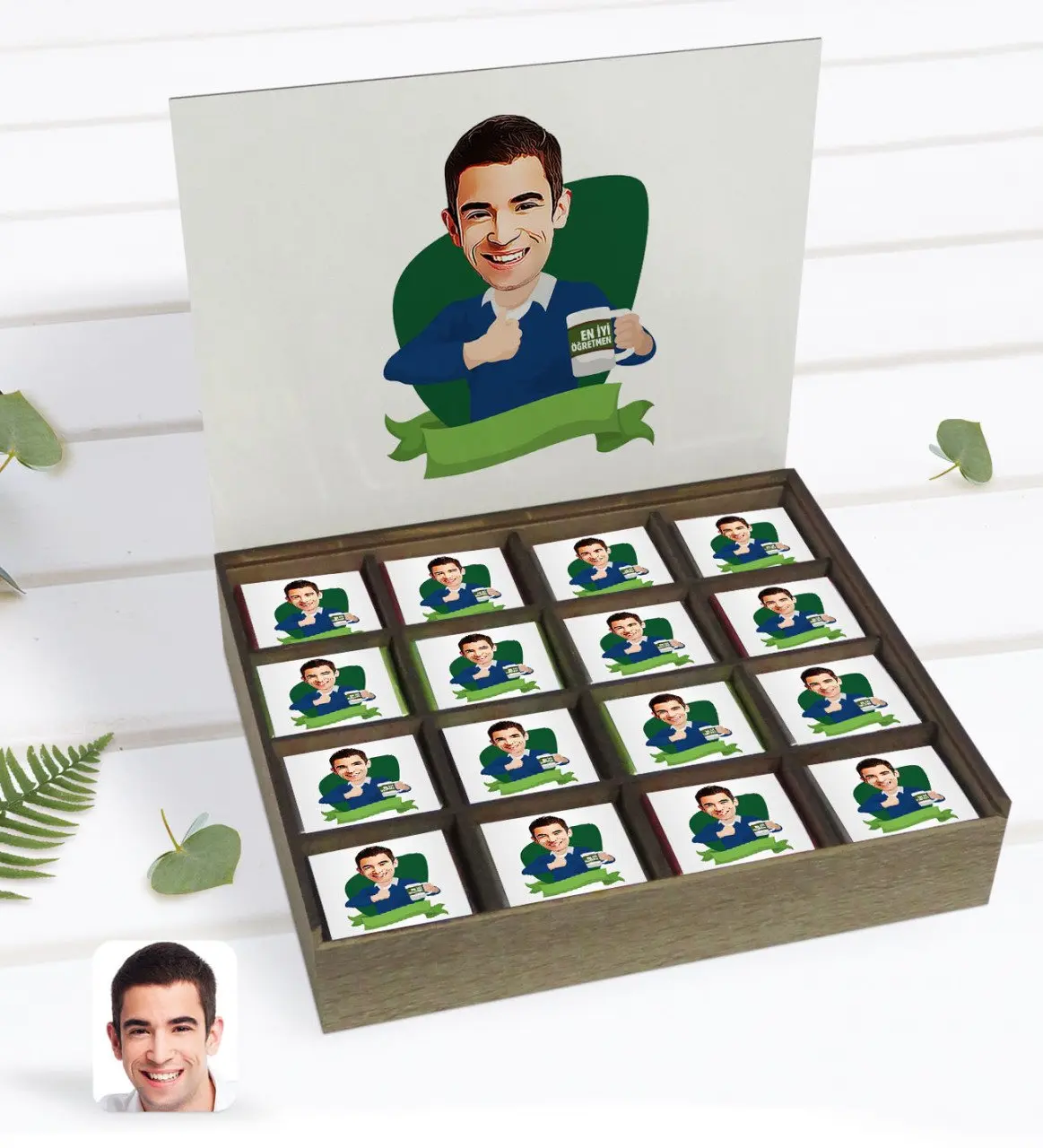 

Персонализированный мужской лучший учитель карикатюрилю в деревянной коробочке 48'li, если бы вы хотели получить шоколадный подарок