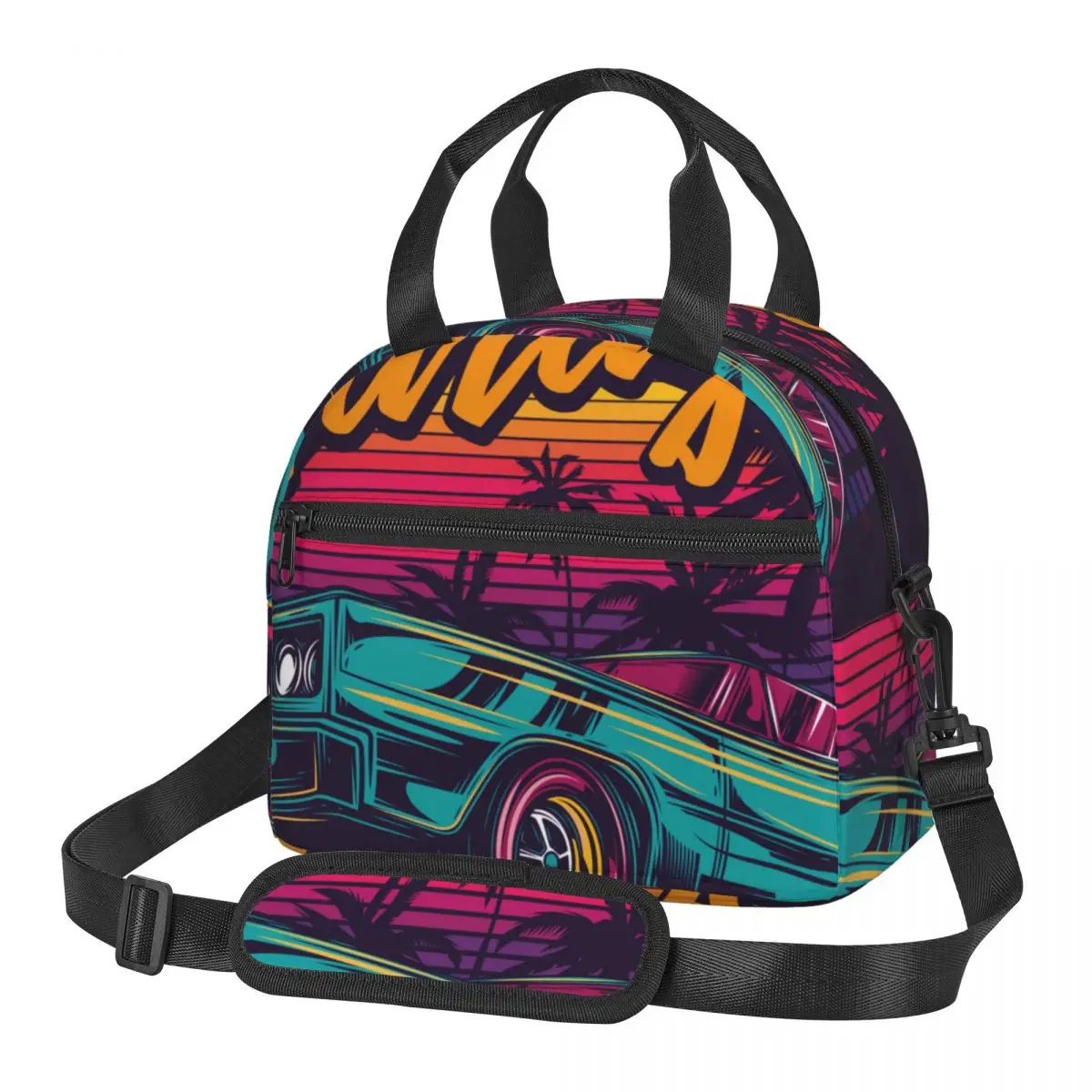 

Portable Lunch Bag American Muscle Car In Retro Neon Style Insulated Cooler Bag Thermal Food Picnic Lunch Bag for Women Kids