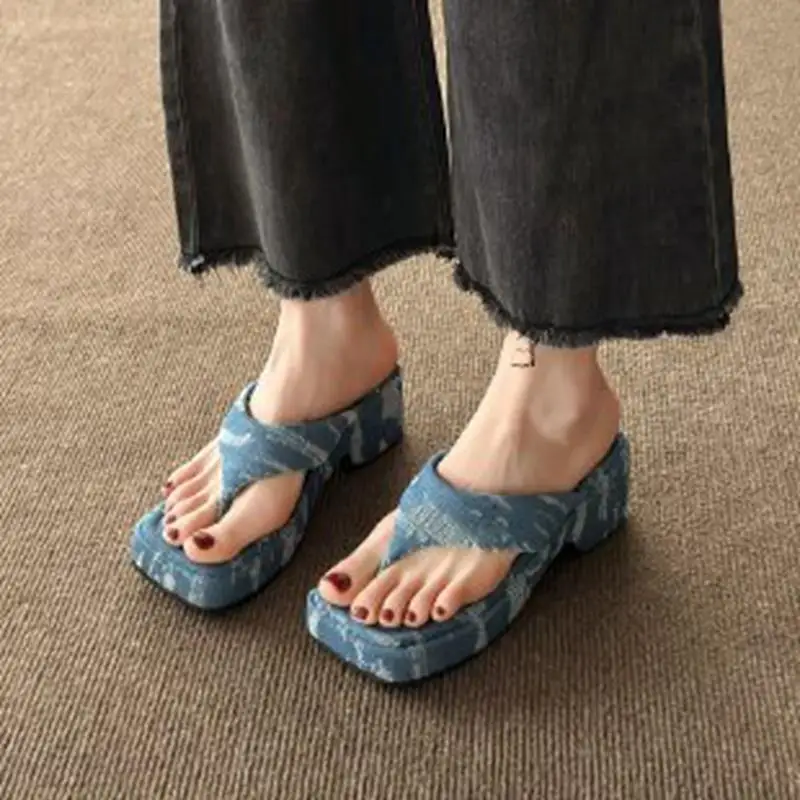 Summer New Herringbone Denim Platform High Heel Slippers Women's Platform Height Increasing Beach Shoes Wedge Slip-on Sandals
