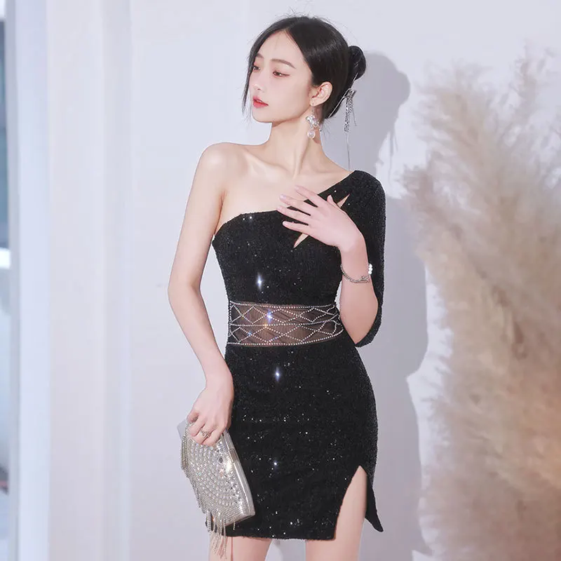 

Short black evening party dress summer slanted shoulder backless niche design temperament socialite high-end party party dress