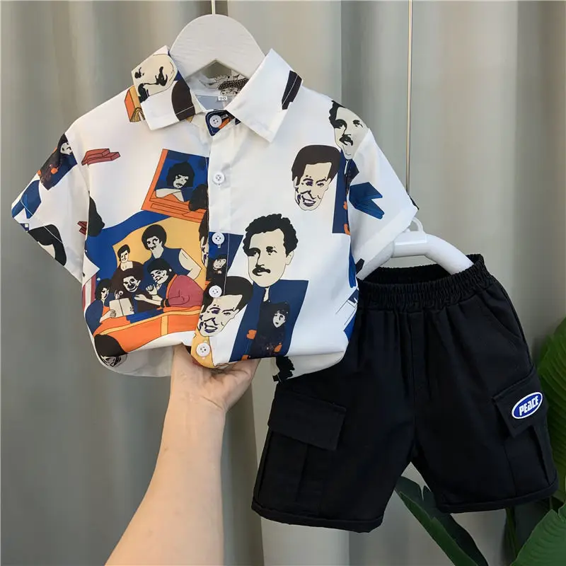 Boy's Shirt Suit 2022 New Children's Summer Western Style Fried Street Short Sleeve Baby Cool Handsome Clothes