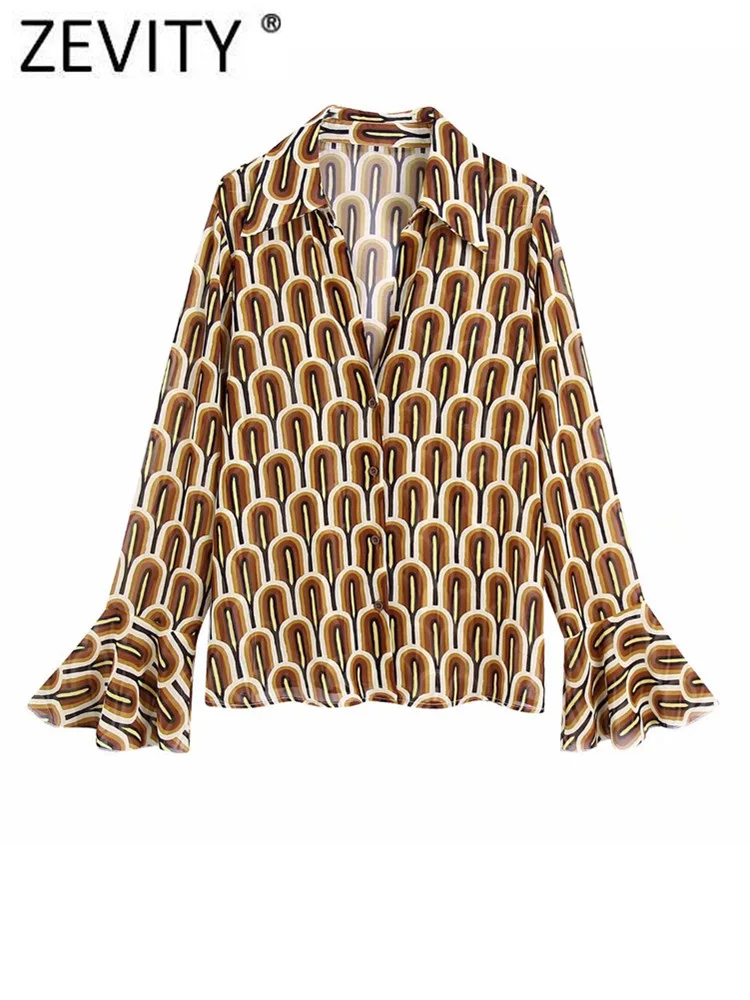 

Zevity Women Vintage Contrast Geometric Print Chiffon Shirt Female Ruffles Flare Sleeve Blouse Roupas Chic Blusas Tops LS844