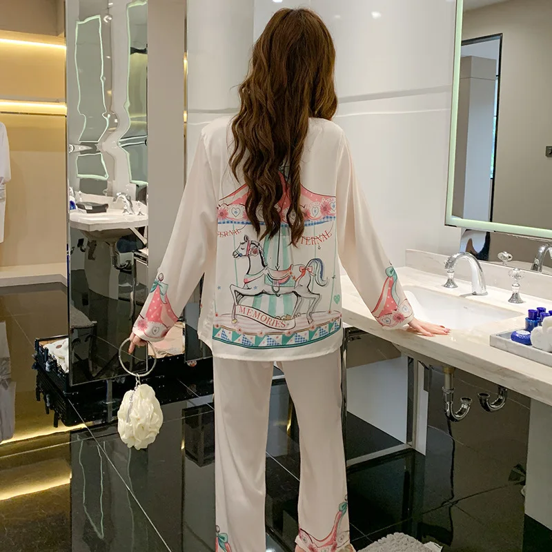 Pajamas Women's Ice Silk 2023 Spring New Long Sleeve Trousers Suit Cartoon Dream Rotating Carriage Home Wear