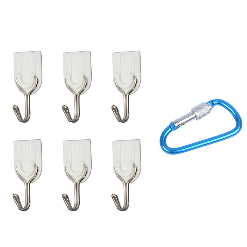 

6 Pieces Wall Door Hook Towel Holder Self-Adhesive Bathroom Kitchen Glue Hook White & 1X Camping Outdoor D-Ring Carabiner Hook C