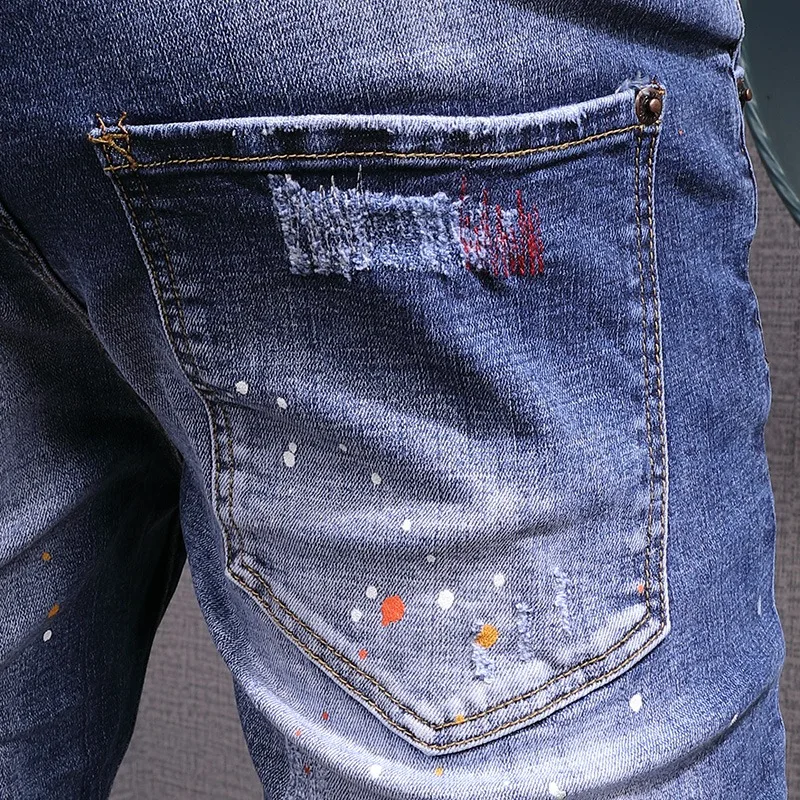 Ripped Short Jeans Men Streetwear Patches Denim Shorts Fashion Casual Dots Printed Blue Stretch Slim Fit Pants