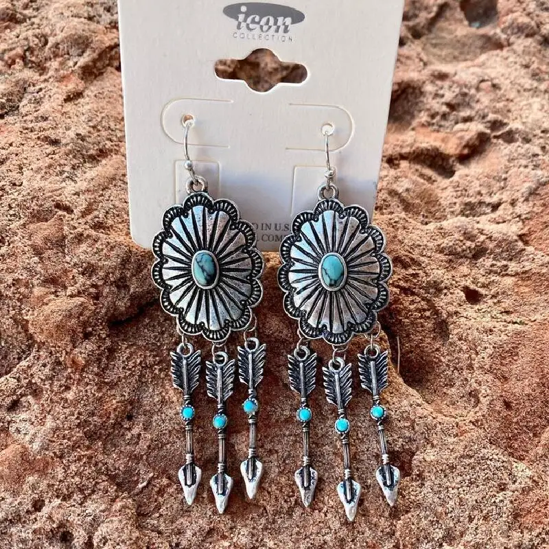 

Flower Turquoise Colored Stone & Feather Arrow Drop Earrings Boho Tribal Beach Hipster Style Jewelry Blue Stone Navajo Inspired