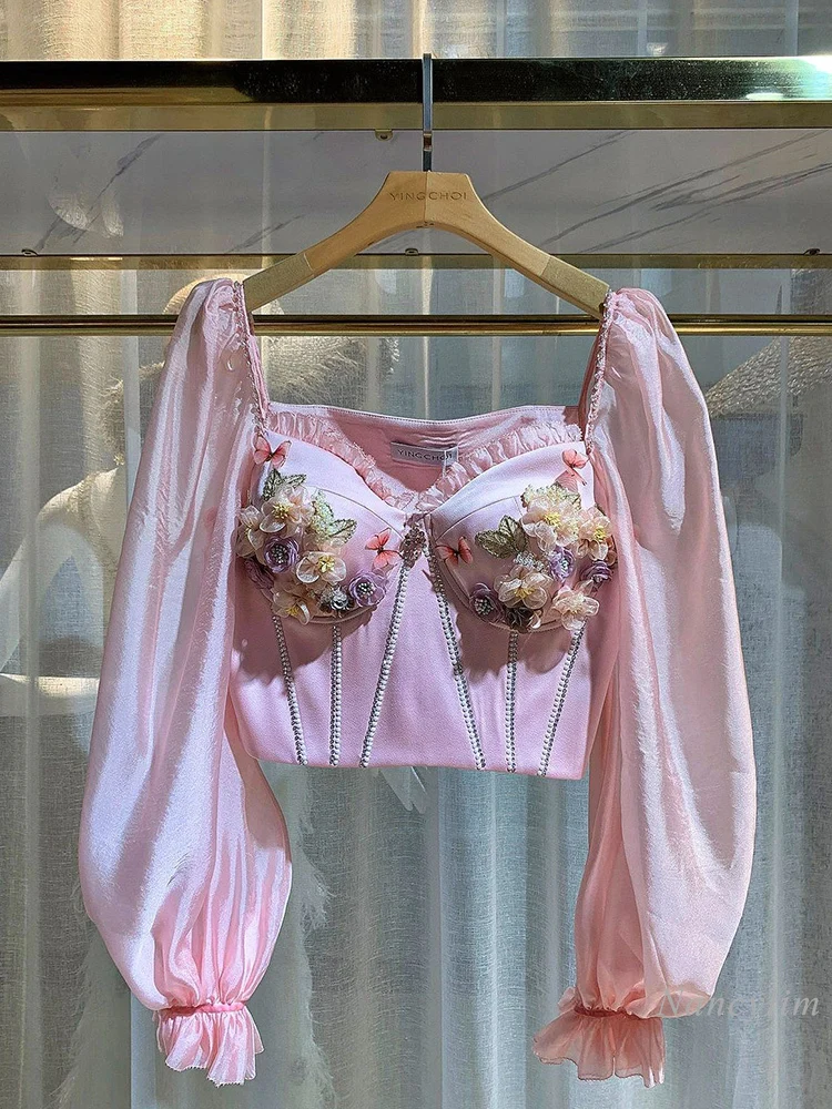 

Sweet Floral Blouse for Women Long Lantern Sleeve Shirt Femme 2022 New Retro Off-Shoulder Three-Dimensional Dlower Beads Top