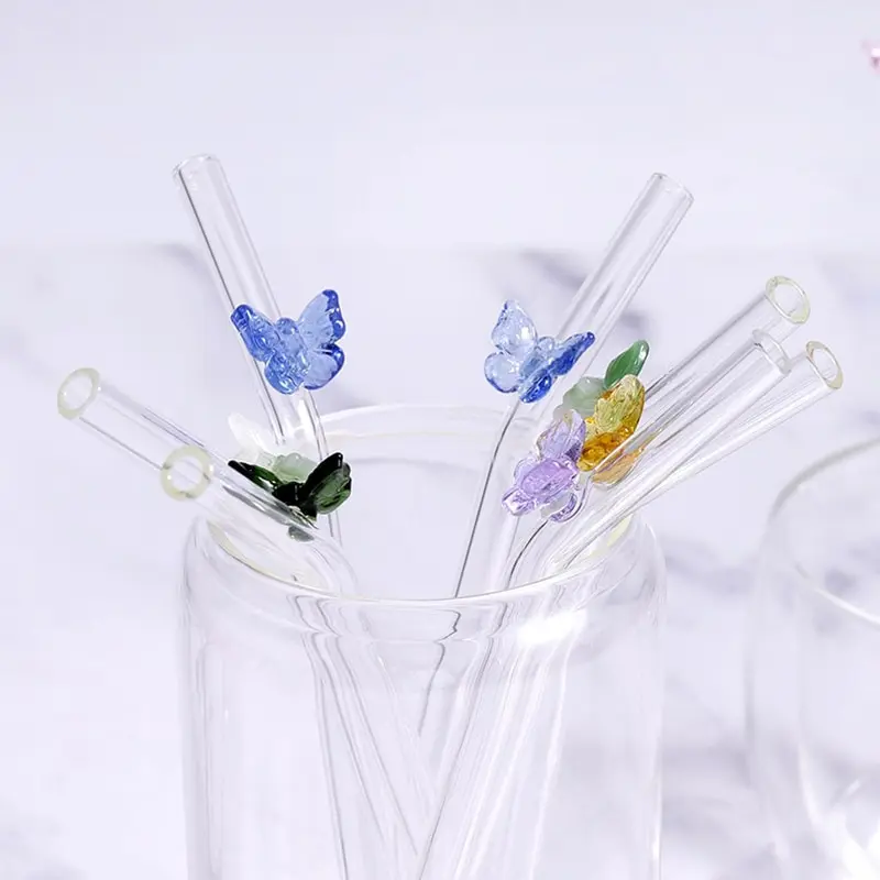 

Многоразовые стеклянные соломинки-бабочки, инструменты для бара, для смузи, коктейлей, чая, кофе, сочные питьевые экологически чистые питьевые принадлежности с кисточкой
