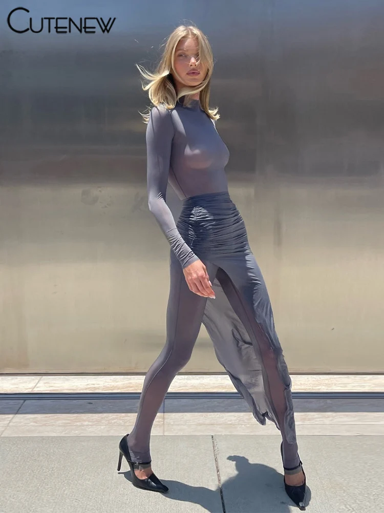 Комбинезон женский тонкий сетчатый однотонный на молнии с разрезом