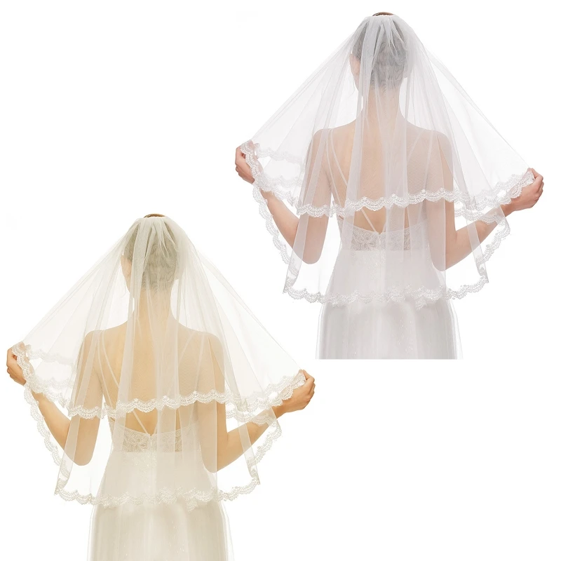 

L21E Bridal Veil with Metal Comb Elbow Length Elegant Sheer Tulle Lace Trim Decoration Headwear White Wedding Veils