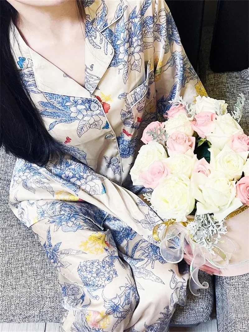 Summer Pajama Sets Pajama Pants Sexy Flower Nighty Clothes T-Shirt Long Pants 2Piece/Set Homewear Cozy Big Size Luxury Designer