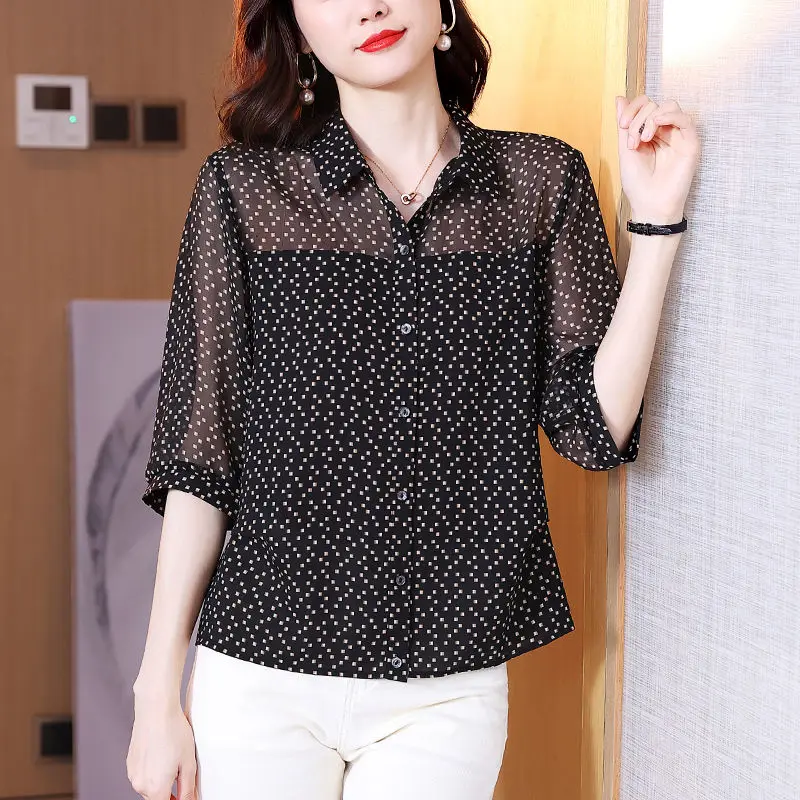 

Western blouse chiffon summer female 2022 new five -point sleeve thin mid -sleeved casual fashion printed shirt female tops