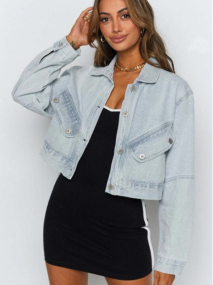 

Motorcycle Style Loose Denim Jacket Women's Autumn Winter New Street Hipster Wash Light Blue Coat 2022 Long Sleeve Short Jackets