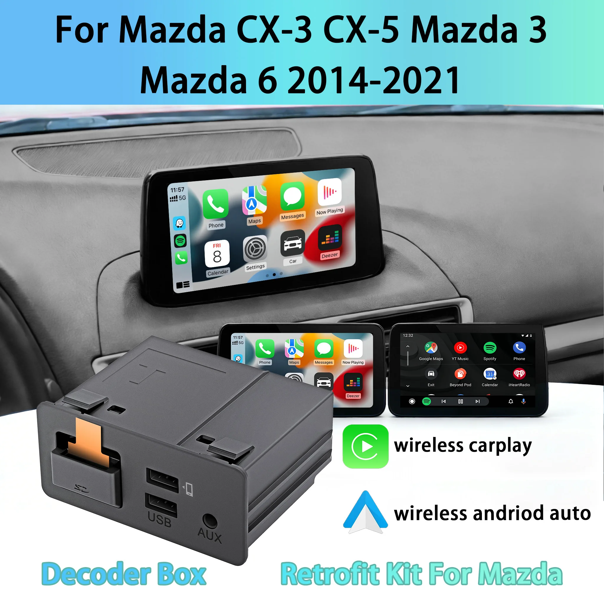 Фото Беспроводная система Android Auto и беспроводной Carplay с Android 11, быстрая зарядка Type-C для Mazda2, 3, 6, CX30, CX5, CX8, CX9, Bluetooth, Wi-Fi №1