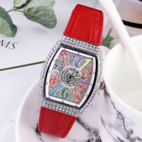 luxury tonneau quartz ladies watch full rhinestone 3d stereo simple color arabic numeral dial design leather strap woman gifts