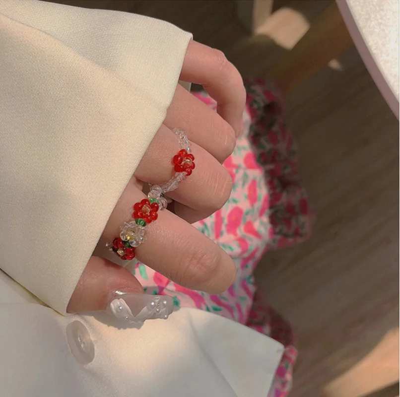 

Hand-Woven Crystal Flower Ring Spring and Summer New Sweet Small Fresh Beaded Elastic Ring Women's Bracelet