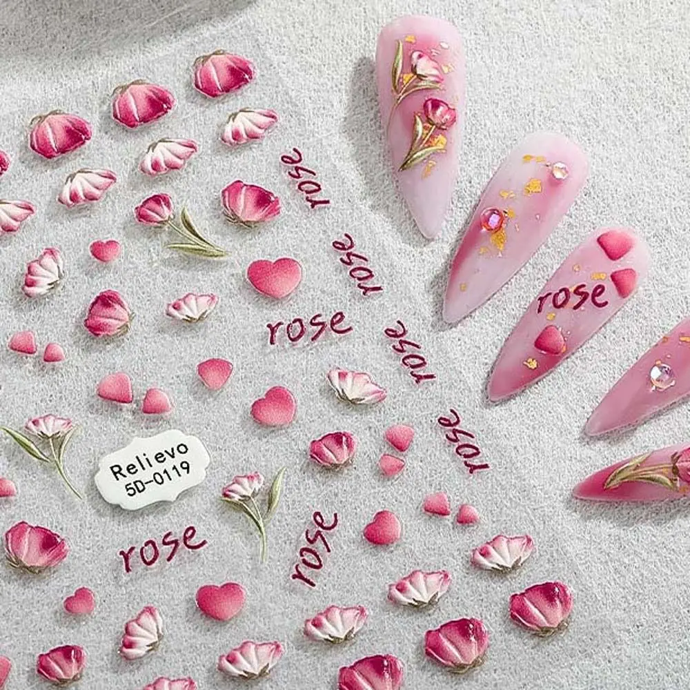 

3D Tulips Relief Cute Nail Decals Korean Fashion Simple Rose Butterfly Fingernail Sticker Cartoon Cherry Unique Fingertip Salon