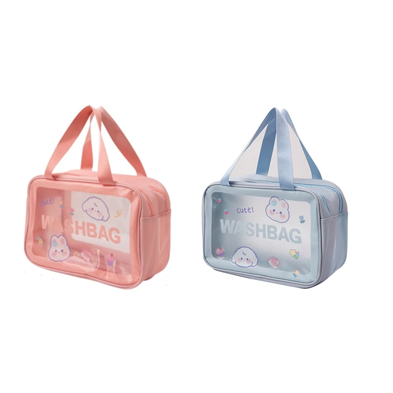 

Cute Bear Plastic Double Layer Large Cosmetic Bag Organizer Travel Makeup Bag Storage Portable Zip Pouch Bag Pink