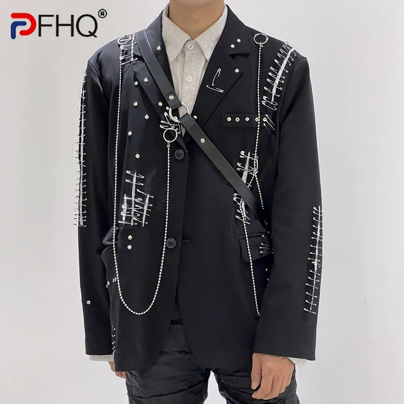 

PFHQ Autumn Darkwear Loose Heavy Industry Men's Suit Coat Trendy Motorcycle Streetwear Techwear New Worn Out Pin Blazers 21Z1690