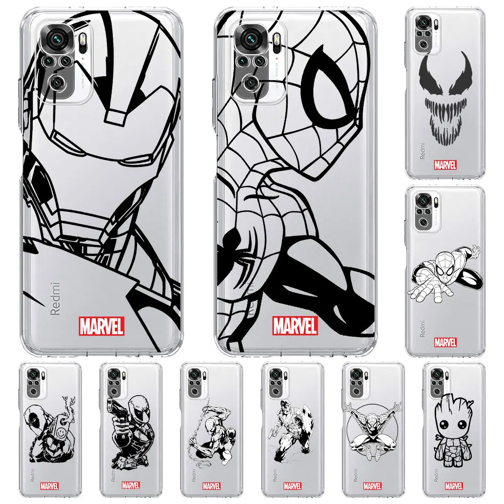 

Marvel Iron Man Spiderman Case For Xiaomi Redmi Note 11 10 9 8 Pro 10S 9S 9A 9C 9T 10C K40 7 8T Soft Silicone Clear Phone Cover