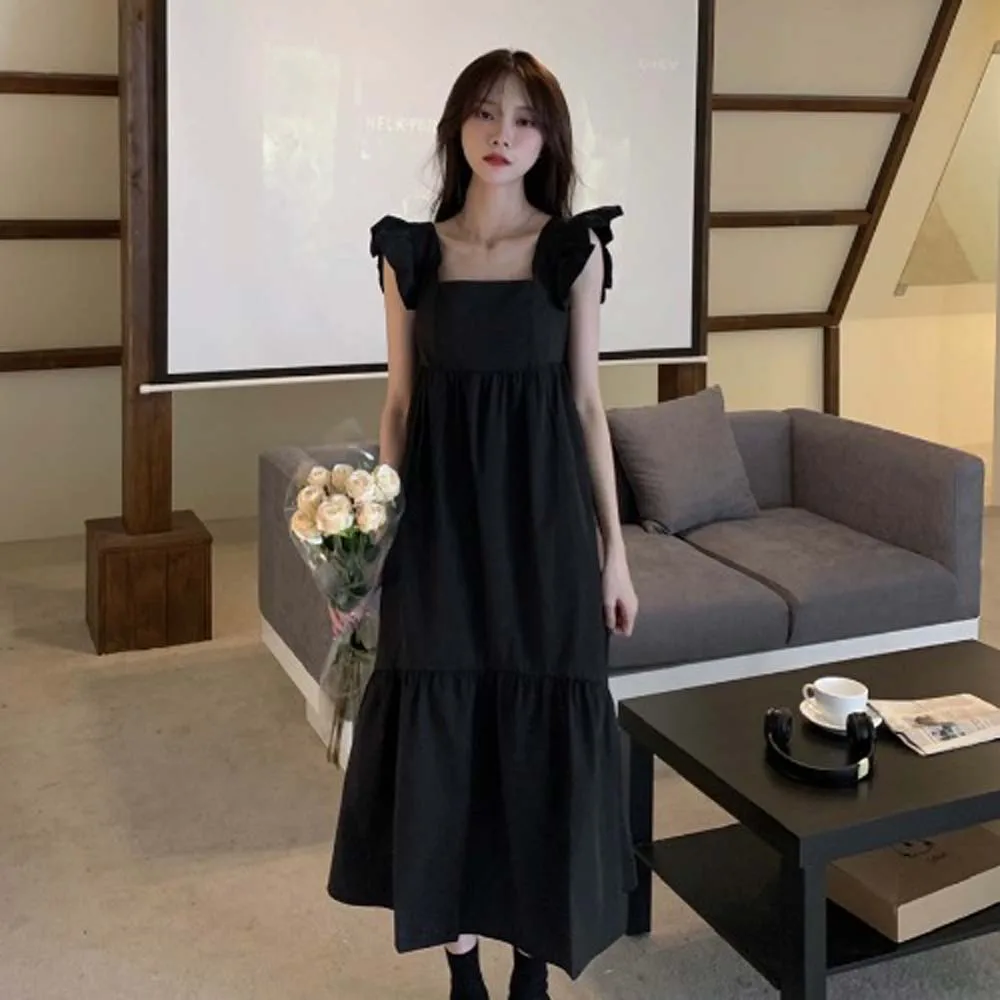 

Women's Black Dress Summer 2022 Casual Vintage Square Collar Petal Sleeve Sexy Backless Design Maxi Long Fashion Ladies Dresses