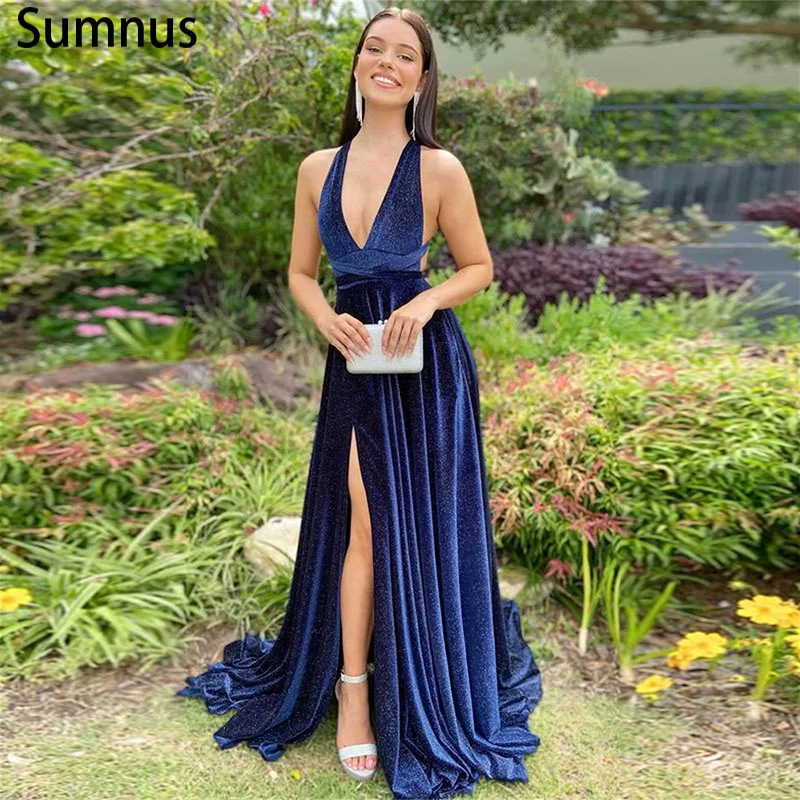 

Платье для выпускного вечера Sumnus, винтажное темно-синее платье с лямкой на шее, с разрезом сбоку, открытой спиной и плиссированными рукавами, 2022