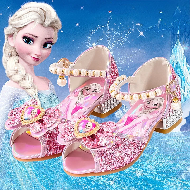 Disney Princess Girls Shoes Frozen Aisha Sophia Pearl Bow Rhinestones Peep Toe Summer Sandals Performance Party Shoes Size 24-38