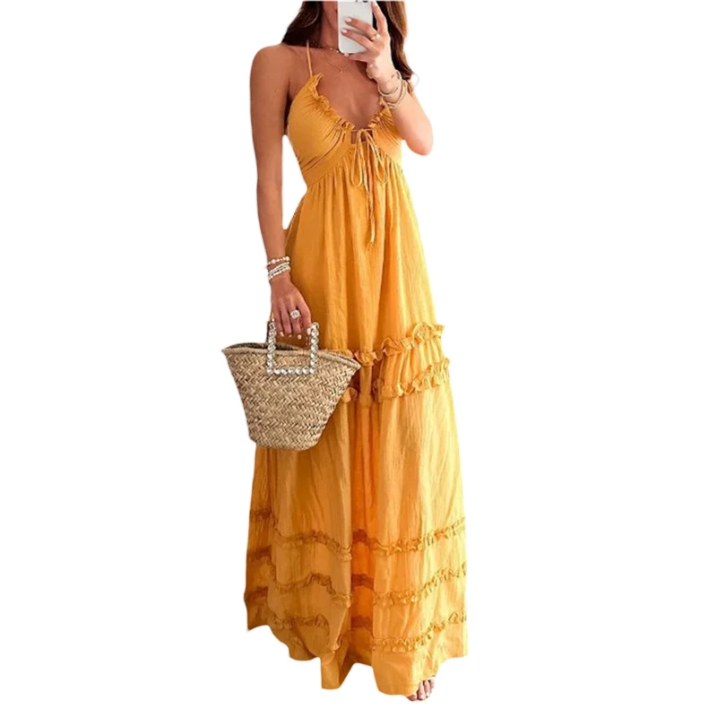 

Модное пляжное платье с лямкой на шее и открытой спиной, летнее женское однотонное платье на бретелях-спагетти без рукавов, платье с оборками, праздничные платья