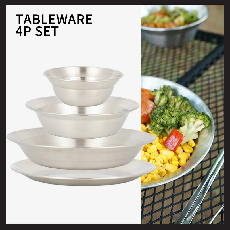 

4Pcs/Set Portable Thicken Stainless Steel Outdoor High Quality Camping Tableware Barbecue Picnic Plate Bowl Dinnerware